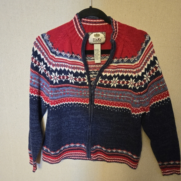 Vintage Tiara Red and Blue Fair Isle Print Zip Front Knit Sweater - Picture 1 of 4